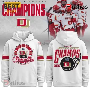 White Denver Pioneers 2026 Champions hoodie with red and gold 'NCAA DI Men's Ice Hockey' text and DU logo!