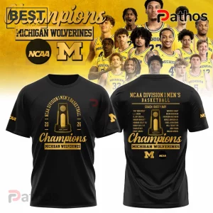 Black t-shirt with gold print celebrating Michigan Wolverines as NCAA Men's Basketball Champions 2026 with trophy and team roster!