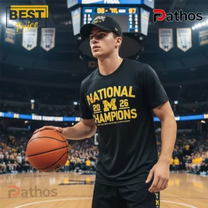 Black t-shirt with yellow text reading 'National 20 M 26 Champions' for Michigan basketball!