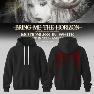 Bring Me The Horizon Motionless In White Concert Black Graphic Hoodie 1 Black pullover hoodie, white drawstrings! Red distressed wing-like graphic on back! Dark aesthetic!