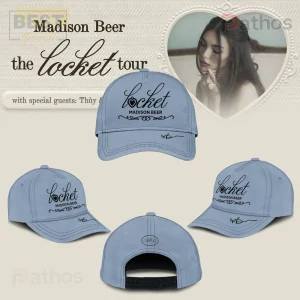 Light blue baseball cap with black script text 'locket MADISON BEER' and 'MB' signature logo!