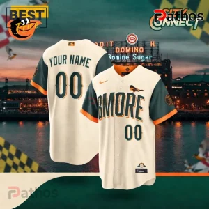 Custom Baltimore Orioles City Connect jersey in cream, dark green, and orange with BMORE text and a bird graphic on the front!