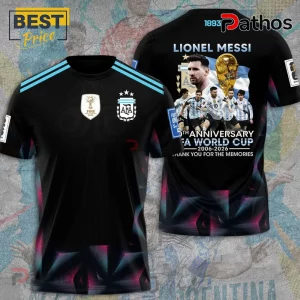 Black Argentina jersey with light blue stripes and Lionel Messi 20th Anniversary FIFA World Cup 2006-2026 graphic on the back!