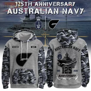 Grey camo hoodie, Australian Navy 125th Anniversary warship design, Royal Australian Navy crest, G logo, GIANTS text, flags!