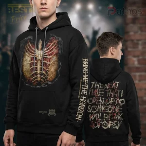 Black hoodie, gothic anatomical rib cage design! Text: BRING ME THE HORIZON, THE NEXT TIME THAT I OPEN UP TO SOMEONE WILL BE MY AUTOPSY!