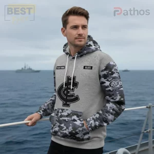 Light gray hoodie with gray camouflage sleeves, hood, and pocket! Features black C logo, YOUR NAME, BLUES text, and AFL logo!