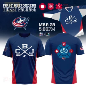 Blue Jackets First Responders Hockey Tribute Graphic Shirt 1 Navy blue hockey fan t-shirt with red side panels! Features white BCJ logo with crossed sticks on front! Back has blue Maltese cross, 614 text, and a star of life symbol!