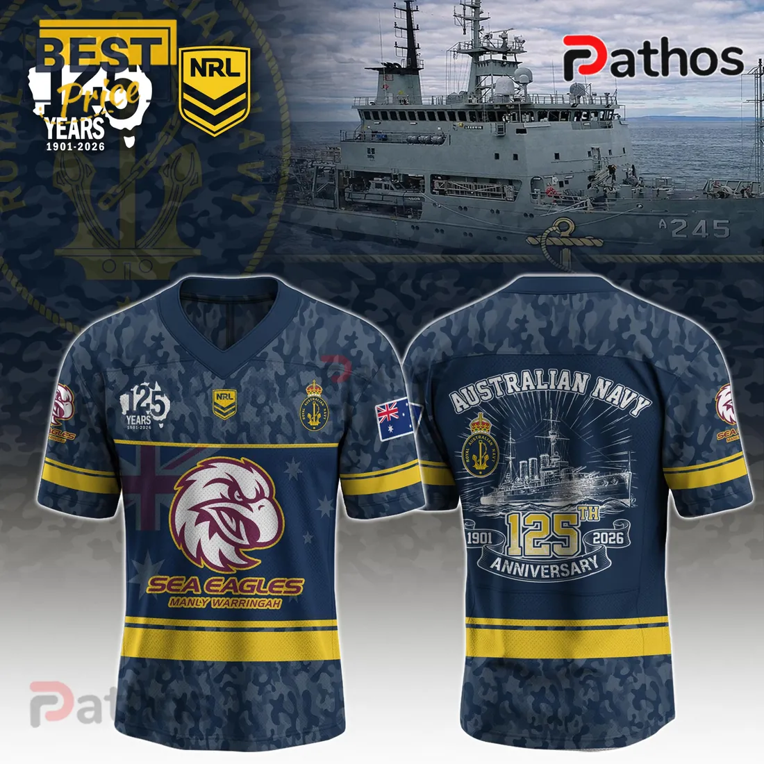 NRL Sea Eagles Royal Australian Navy 125th Anniversary Military Fan Jersey NRL Sea Eagles Royal Australian Navy 125th Anniversary Military Fan Jersey
