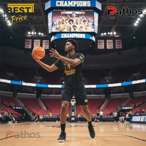 Black t-shirt with gold trophy graphic, red script 'Champions,' and yellow 'RECONNAISSANCE' text for Michigan basketball fans!