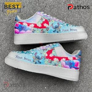 Custom Lilo and Stitch sneakers in blue and pink with red swoosh and 'Your Name' text on the side!