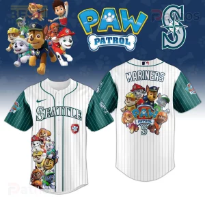 Seattle Mariners Paw Patrol Night Event Pinstripe Baseball Jersey 1 White green pinstripe Seattle Mariners Paw Patrol baseball jersey! Features