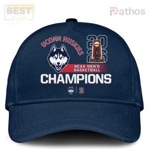 Navy blue UConn Huskies baseball cap, white red design with husky logo, 'UCONN HUSKIES NCAA MEN'S BASKETBALL CHAMPIONS 2023' text!