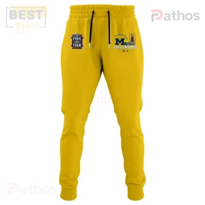Michigan Wolverines NCAA Men's Basketball 2026 Champions Hoodie 3 Yellow sweatpants with 2023 Men's Final Four Indianapolis logo and Michigan Wolverines NCAA Basketball Champions text!
