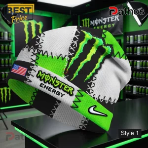 Monster Energy Patchwork Beanie Hat 2 Patchwork beanie with black, white, neon green panels! Features Monster Energy logo, Monster Energy text, Nike swoosh, USA flag design!