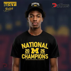 Black t-shirt with yellow text National 2026 Champions and Michigan M logo for NCAA Men's Basketball Championship!