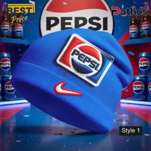 Blue ribbed beanie hat with red white blue Pepsi logo patch and white red Nike swoosh!