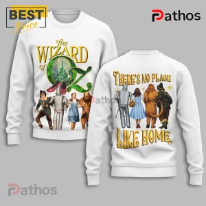 White Wizard of Oz crewneck sweatshirt featuring 'THE WIZARD of OZ' front and 'THERE'S NO PLACE LIKE HOME' back with characters!