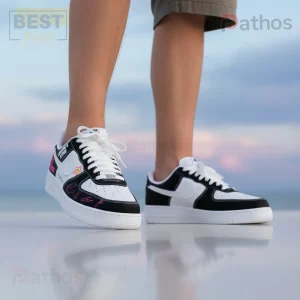 Custom white and black streetwear sneakers with pink and yellow graphics, text 'ONCE UPON A TIME IS A STAR' on side!