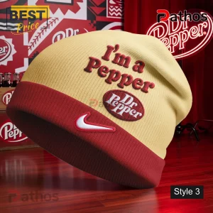 Yellow and red beanie with 'I'm a Pepper' text, Dr Pepper logo, and white Nike swoosh embroidery!