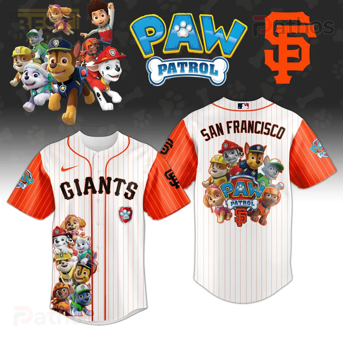San Francisco Giants Paw Patrol Collaboration Pinstripe Baseball Jersey San Francisco Giants Paw Patrol Collaboration Pinstripe Baseball Jersey