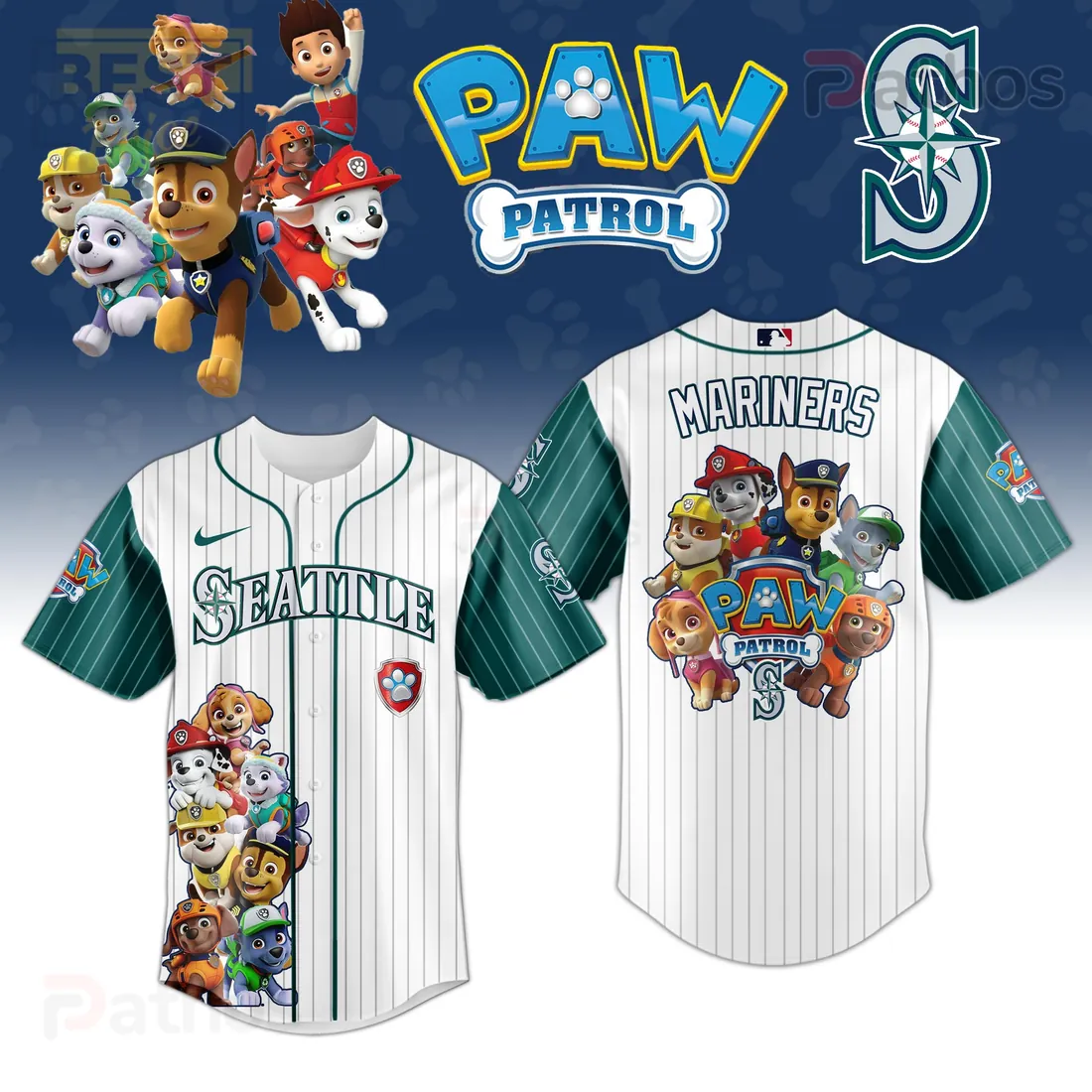 Seattle Mariners Paw Patrol Night Event Pinstripe Baseball Jersey Seattle Mariners Paw Patrol Night Event Pinstripe Baseball Jersey
