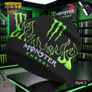 Monster Energy Patchwork Beanie Hat 3 Black beanie, bright green Monster Energy claw logo, white MONSTER and green ENERGY text, with green flame graphics! Edgy style!