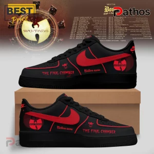 Black custom sneakers with red swoosh, featuring Wu-Tang logo, 'THE FINAL CHAMBER', and 'Custom name' text!