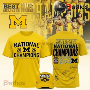 Yellow Michigan 2026 National Champions T-shirt and hat with black text and the iconic 'M' logo for NCAA Men's Basketball!