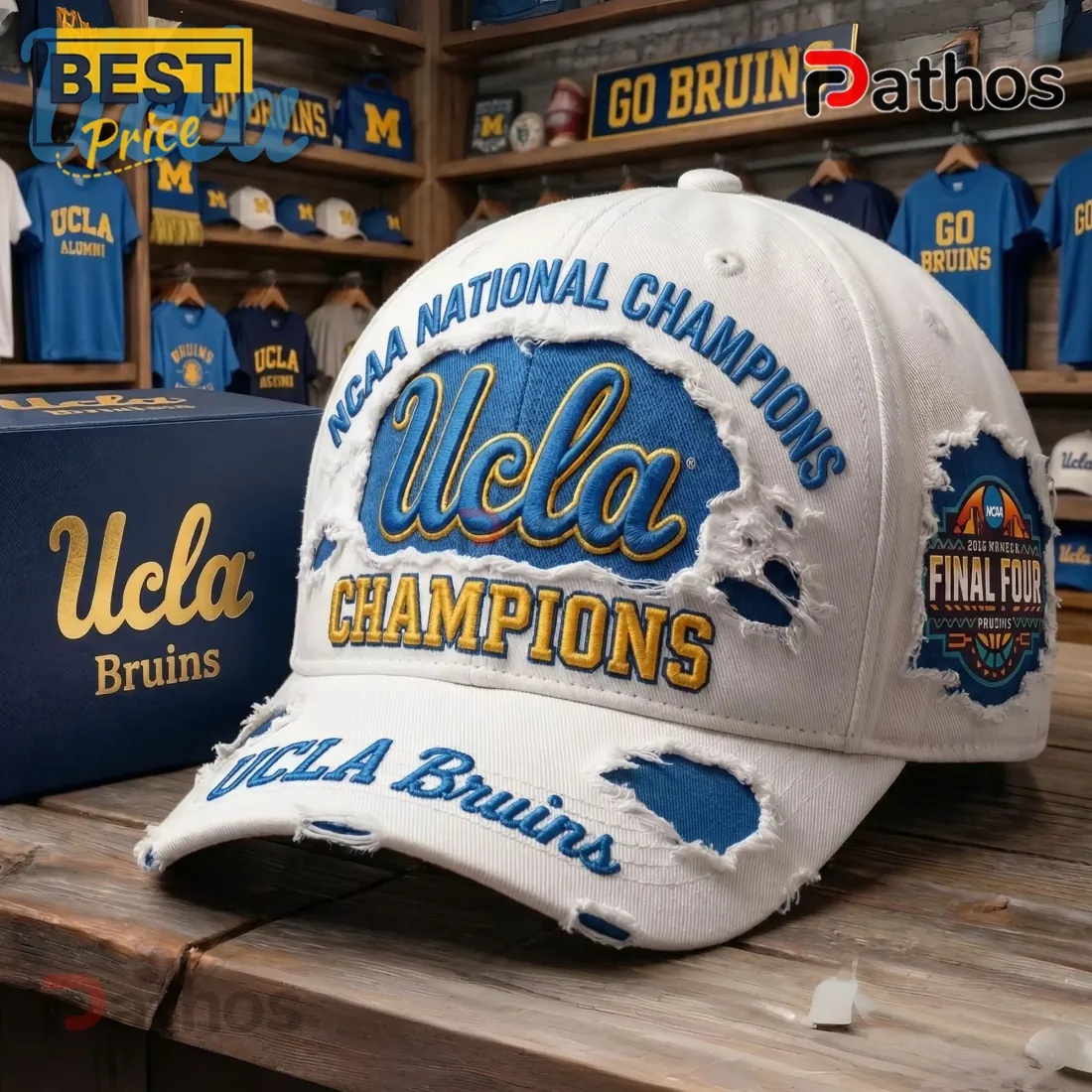UCLA Bruins NCAA National Champions Distressed Embroidered White Cap UCLA Bruins NCAA National Champions Distressed Embroidered White Cap