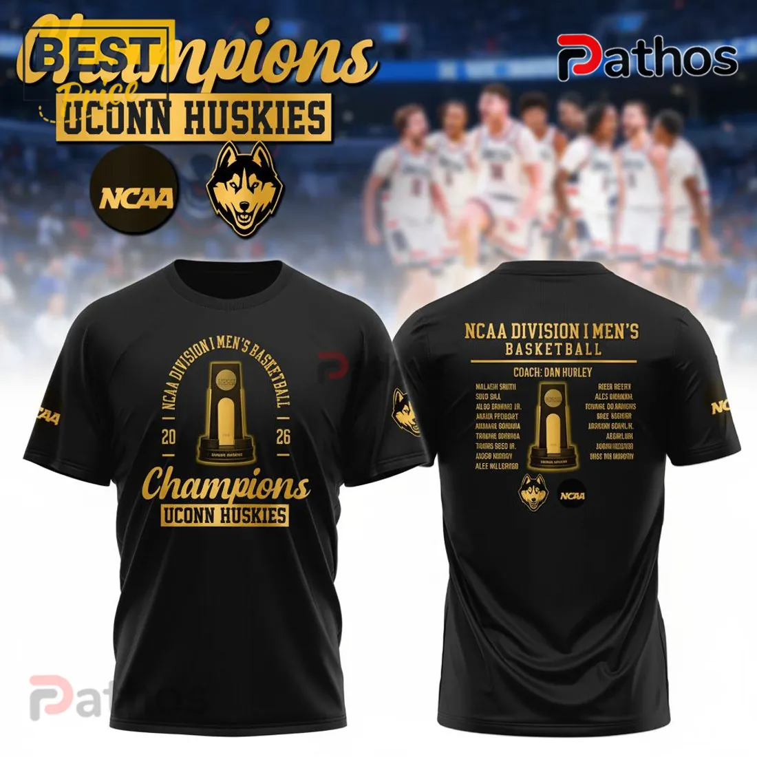 UConn Huskies Champions NCAA Basketball 2026 Commemorative Roster T-Shirt UConn Huskies Champions NCAA Basketball 2026 Commemorative Roster T-Shirt