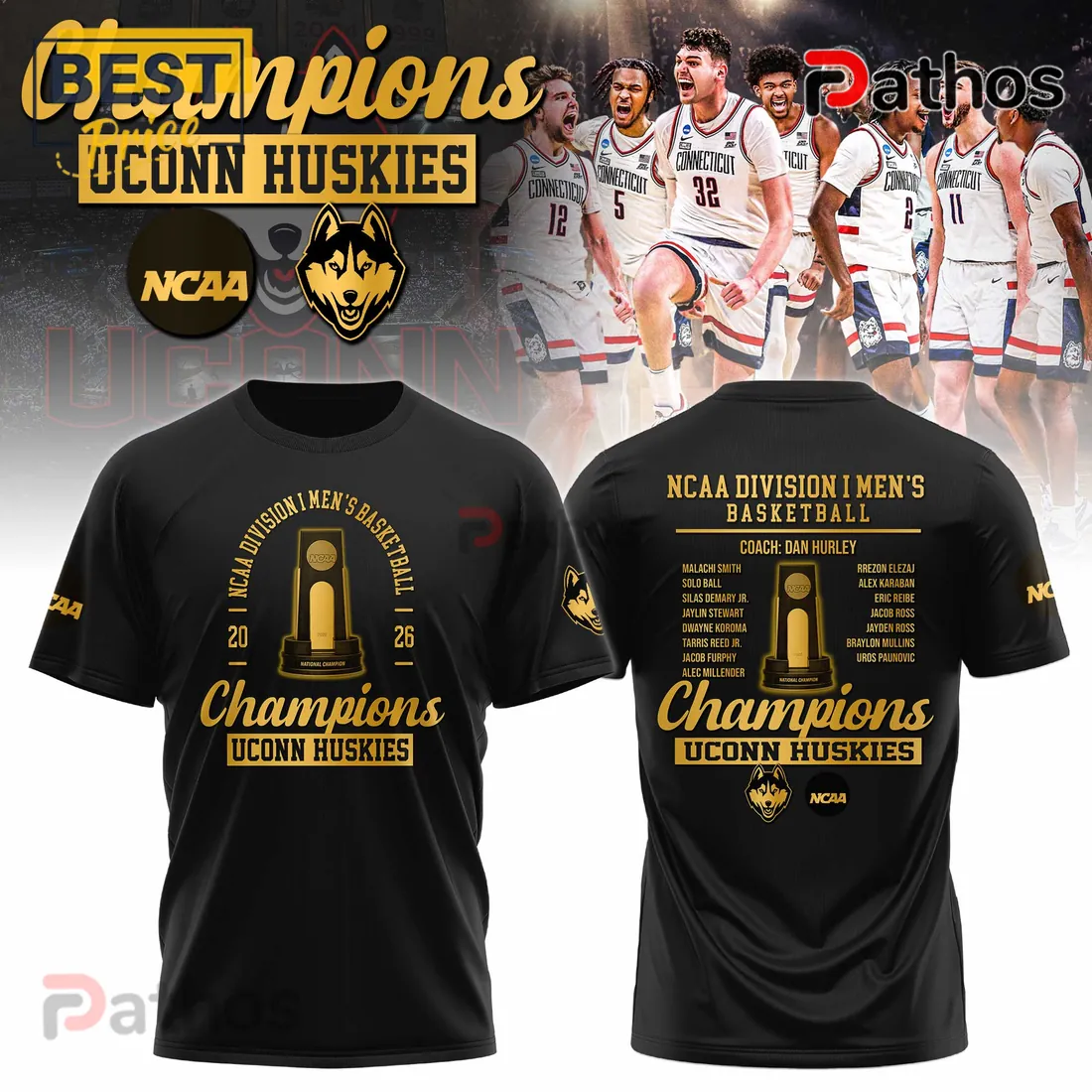 UConn Huskies Champions NCAA Basketball 2026 Commemorative Roster T-Shirt UConn Huskies Champions NCAA Basketball 2026 Commemorative Roster T-Shirt