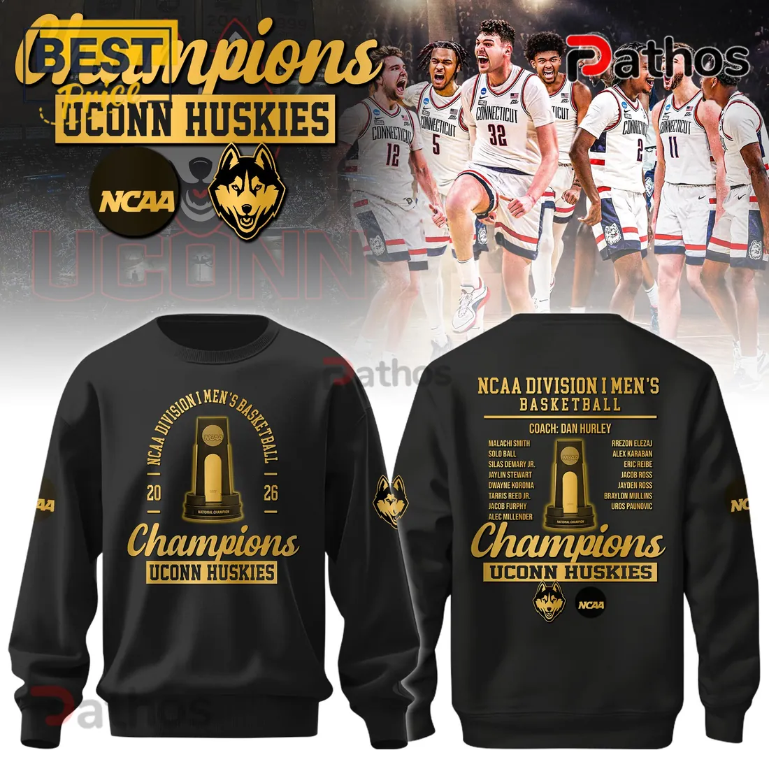 UConn Huskies Champions NCAA Basketball 2026 Commemorative Roster T-Shirt UConn Huskies Champions NCAA Basketball 2026 Commemorative Roster T-Shirt