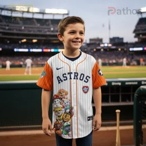 White and orange pinstripe youth baseball jersey with ASTROS text, Paw Patrol characters, and team logos!
