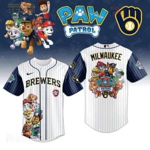 White navy pinstripe baseball jersey, gold BREWERS, MILWAUKEE text, Paw Patrol characters, Chase, Marshall, Skye, Rubble!