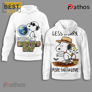 White Snoopy hoodie! Front: Snoopy sunglasses, Earth, 'SNOOPY EARTH'S DAY'! Back: Snoopy gardener, 'LESS WORRY. MORE EARTH LOVE'!