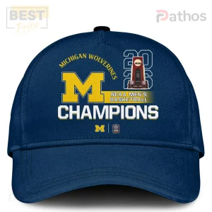 Navy blue Michigan Wolverines NCAA 2023 Men's Basketball Champions hat with yellow M, white text, and trophy design!