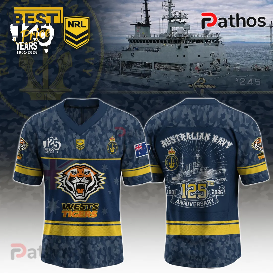 Wests Tigers NRL Australian Navy 125th Anniversary Commemorative Camo Rugby Jersey Wests Tigers NRL Australian Navy 125th Anniversary Commemorative Camo Rugby Jersey
