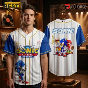 White baseball jersey with pinstripes blue sleeves and Sonic Live In Concert graphic featuring Sonic Tails and Knuckles!