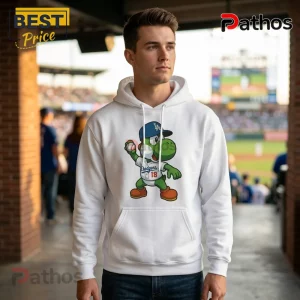 White hoodie with graphic of cartoon green dinosaur in Los Angeles Dodgers baseball uniform with number 18!