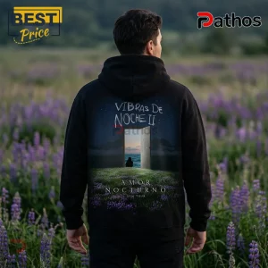 Eslabon Armado Amor Nocturno 2026 Tour Hoodie 1 Black hoodie with graphic of open door, ocean, and flowers. Text says VIBRAS DE NOCHE II AMOR NOCTURNO 2026 TOUR!