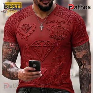 Kappa Alpha Psi 1911 Crimson Diamond Achievement 3D V-Neck T-Shirt 1 Red V-neck t-shirt with embossed Kappa Alpha Psi Greek letters, diamond graphics, and 1911 date in a monochromatic style!