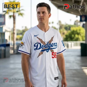 Los Angeles Dodgers x One Piece 2026 Limited Edition Baseball Jersey 2 White LA Dodgers baseball jersey with One Piece anime straw hat skull logo and number 56 on front!