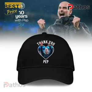 Black baseball cap featuring a heart graphic with Pep Guardiola and the white text Thank You Pep.!