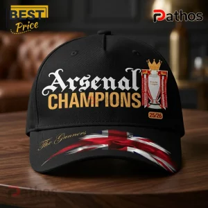 Arsenal FC Premier League Champions 25/26 Baseball Cap 1 Black baseball cap featuring Arsenal Champions text 25/26 trophy graphic and Union Jack flag print!