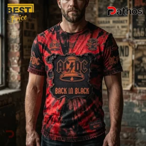 Red and black tie dye AC DC Back in Black band shirt with distressed bell graphic and vintage band logos!