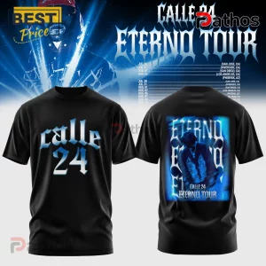 Calle 24 Eterno Tour Concert Premium Black Pullover Hoodie 2 Black t-shirt with Calle 24 Eterno Tour graphic in blue gothic font and photo print on back!
