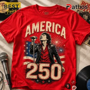 Red t-shirt with vintage America 250 graphic featuring Mick Jagger, US flag, and fireworks design!