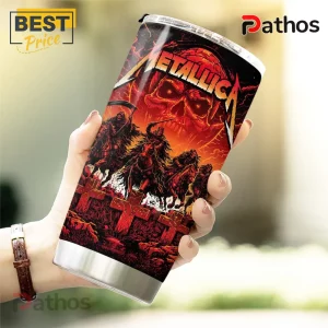 Metallica M72 World Tour 2026 Skull Tumbler 1 Metallica tumbler with red skull and horsemen graphic design on stainless steel body!