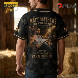 Black baseball jersey with Matt Mathews Not What I Ordered World Tour print, featuring a man with a goat and rooster!