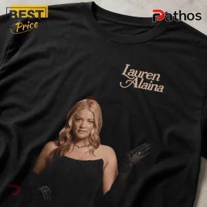 Black t-shirt featuring a photo of Lauren Alaina and her name in tan script font on the upper right chest!
